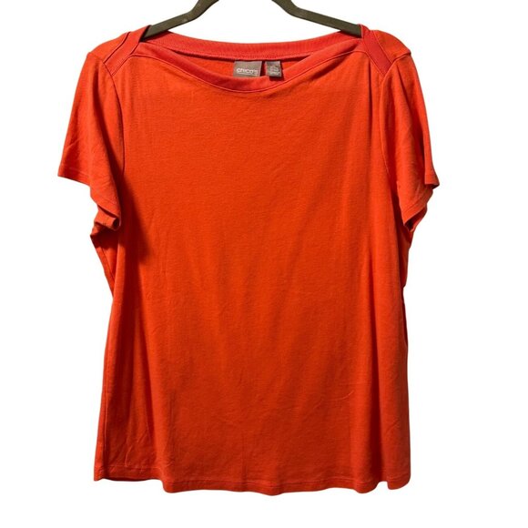 Chicos Orange Short-Sleeve Cotton Blend Top Size L Casual Lightweight Crew Neck - Picture 1 of 12